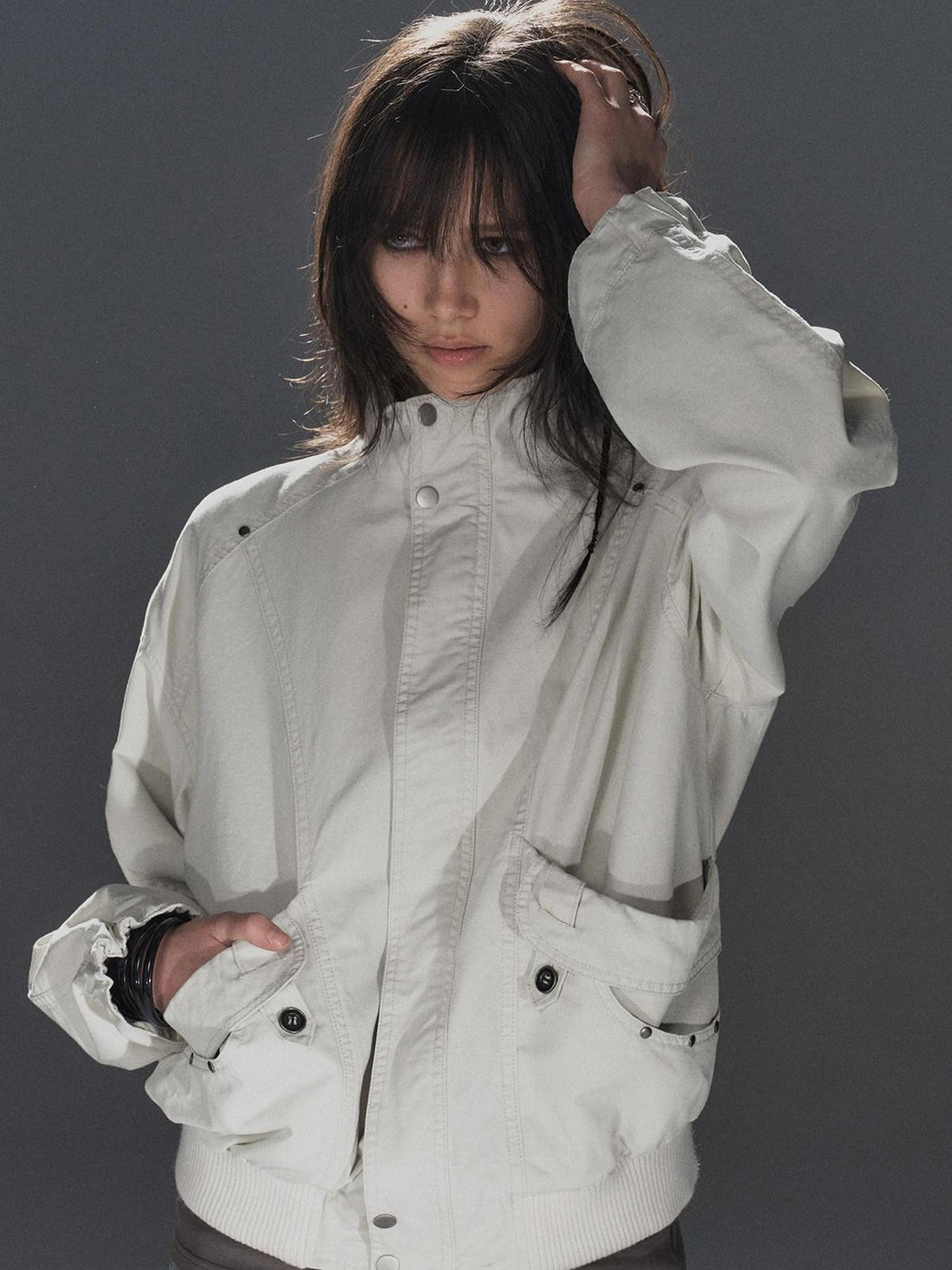 wear And tear Studded Punk Loose Fit Cotton Stand Collar Ribbed Hem White Female Jacket