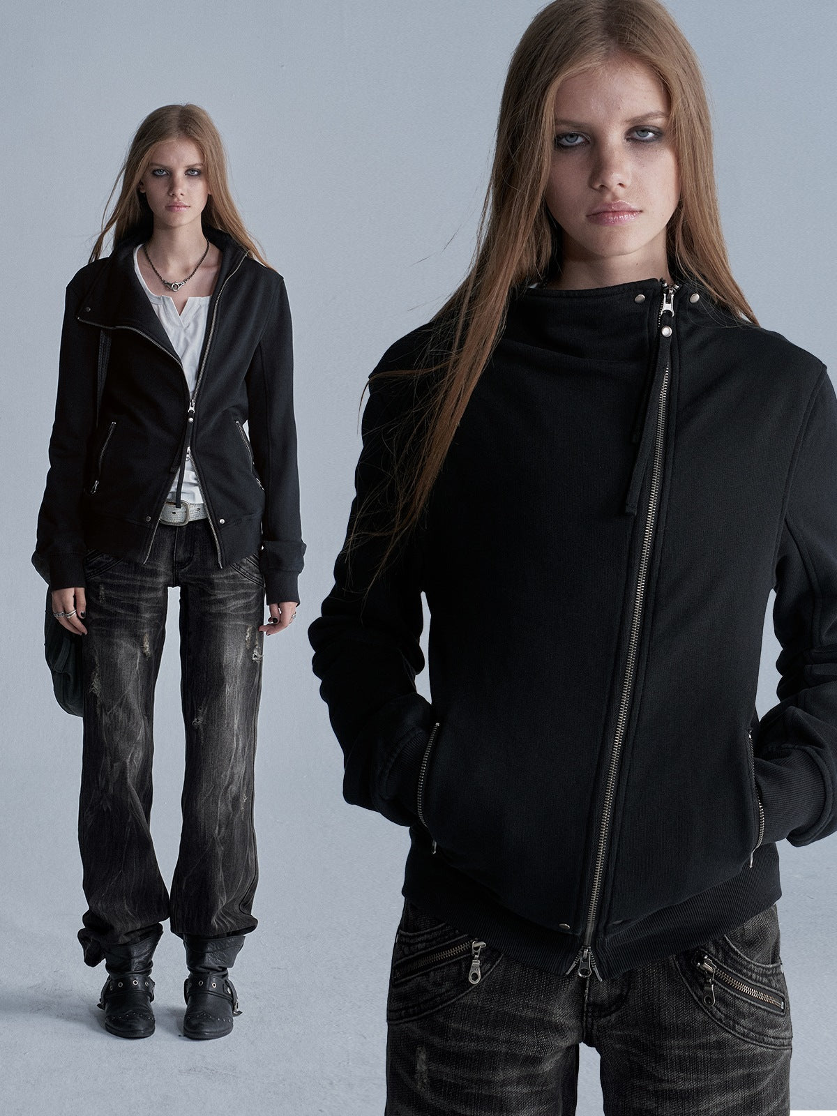 wear_And_tear_Studded_Zip_Asymmetric_Funnel_Neck_Thick_Cotton_Women&