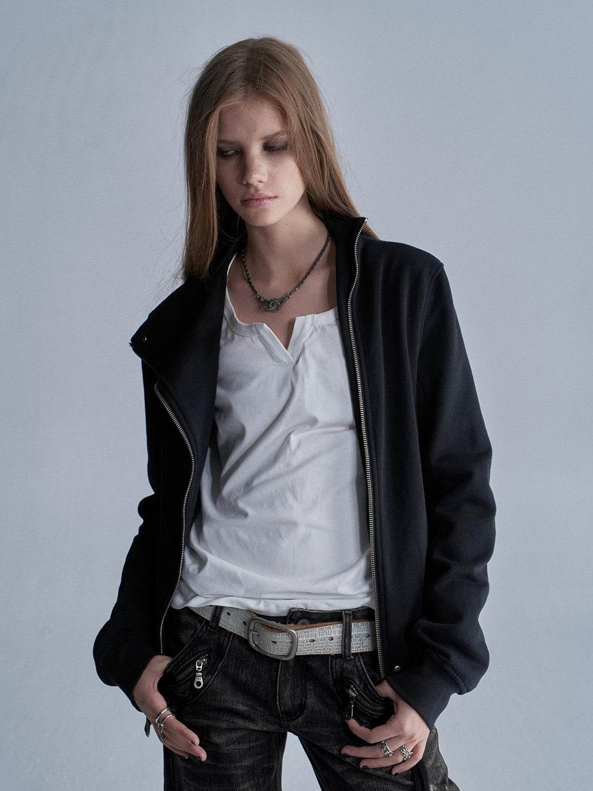 wear And tear Studded Zip Asymmetric Funnel Neck Thick Cotton Women&