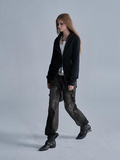 wear And tear Studded Zip Asymmetric Funnel Neck Thick Cotton Women&