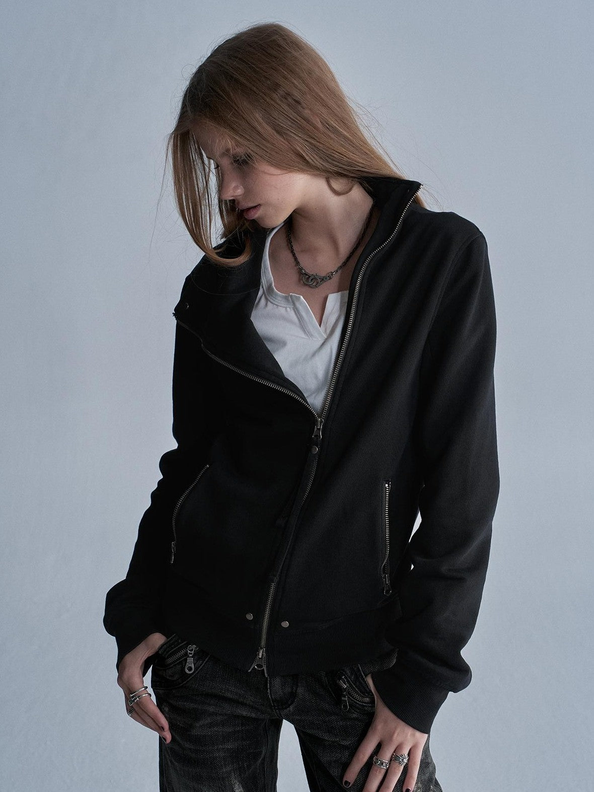 wear And tear Studded Zip Asymmetric Funnel Neck Thick Cotton Women&