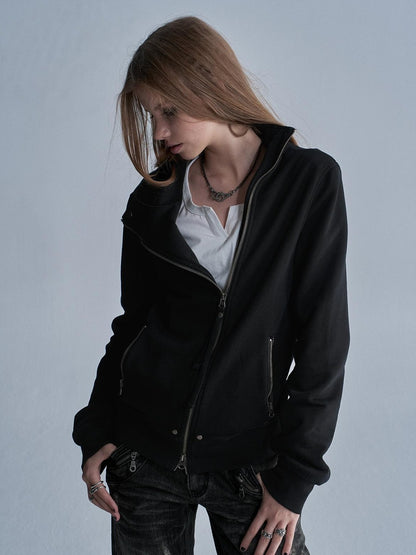wear And tear Studded Zip Asymmetric Funnel Neck Thick Cotton Women&