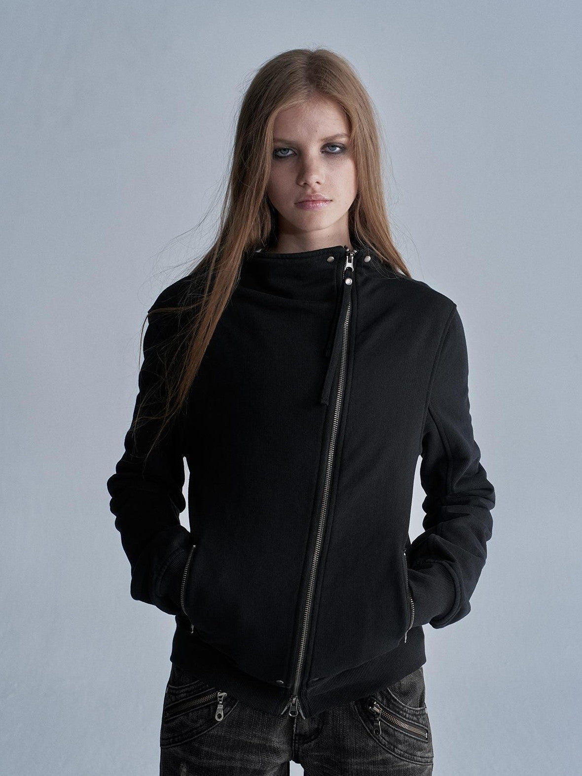 wear And tear Studded Zip Asymmetric Funnel Neck Thick Cotton Women&