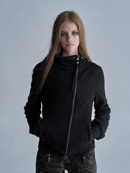 wear And tear Studded Zip Asymmetric Funnel Neck Thick Cotton Women&