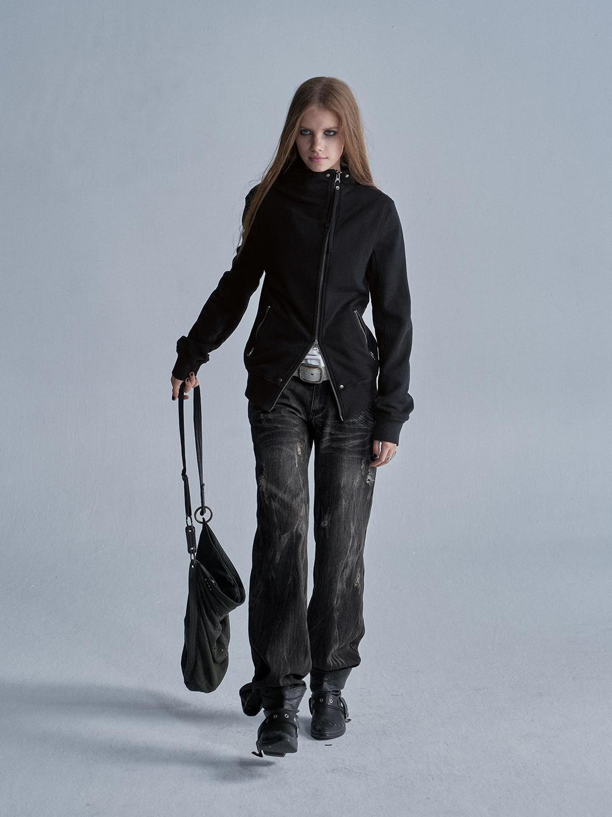 wear And tear Studded Zip Asymmetric Funnel Neck Thick Cotton Women&