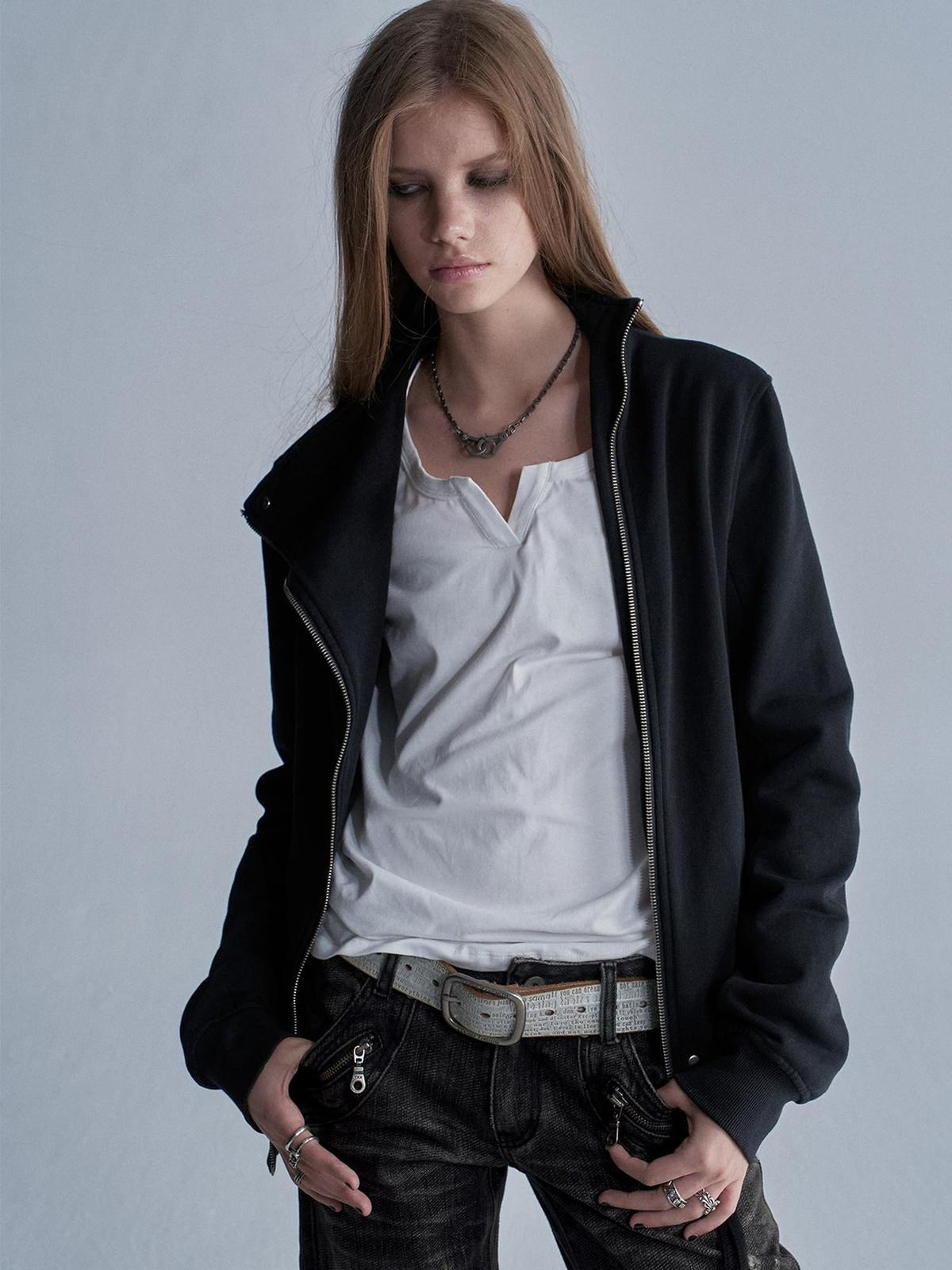 wear And tear Studded Zip Asymmetric Funnel Neck Thick Cotton Women&