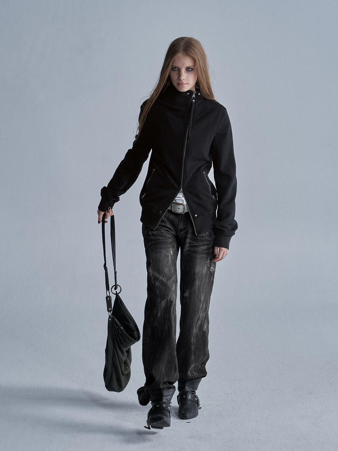 wear And tear Studded Zip Asymmetric Funnel Neck Thick Cotton Women&