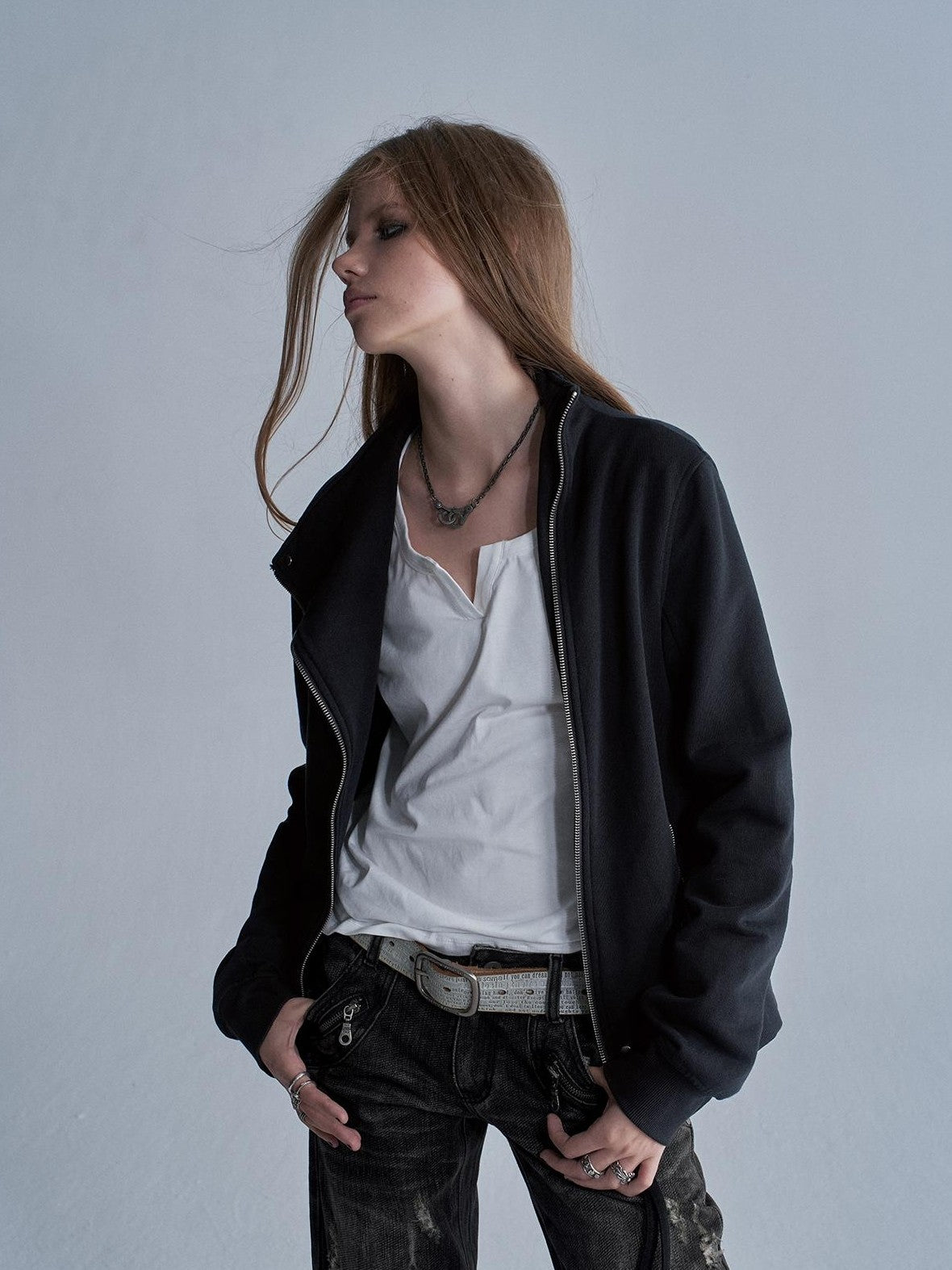 wear And tear Studded Zip Asymmetric Funnel Neck Thick Cotton Women&