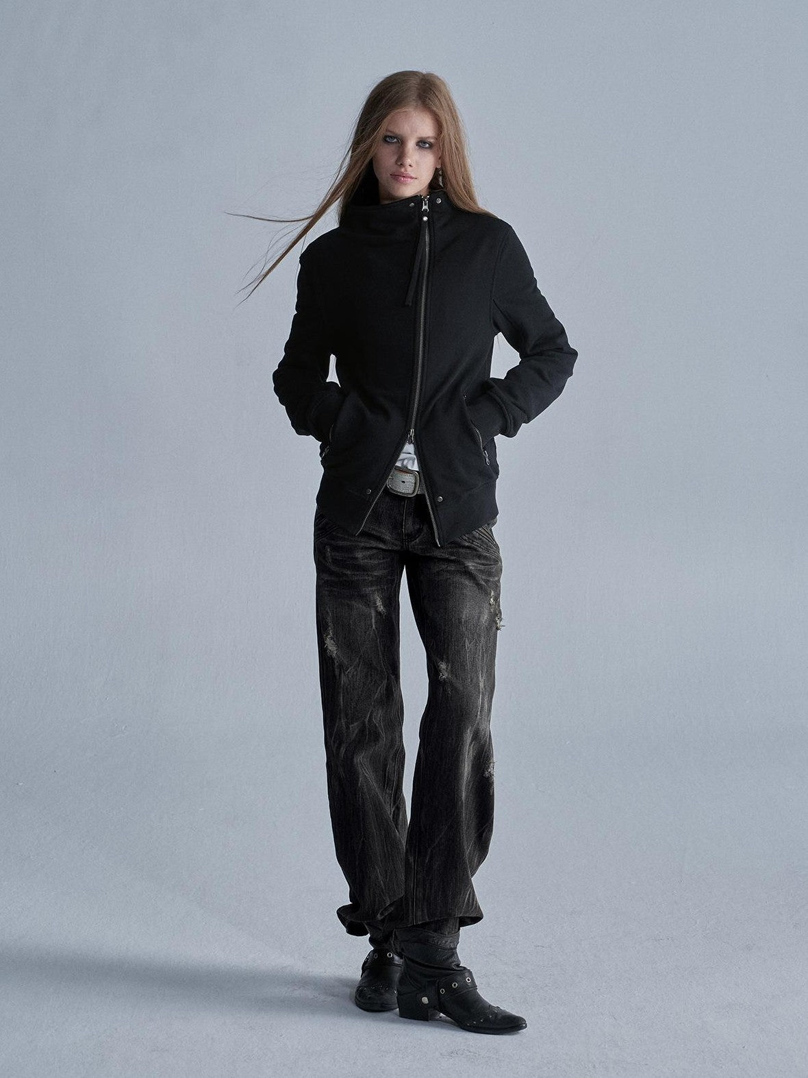 wear And tear Studded Zip Asymmetric Funnel Neck Thick Cotton Women&