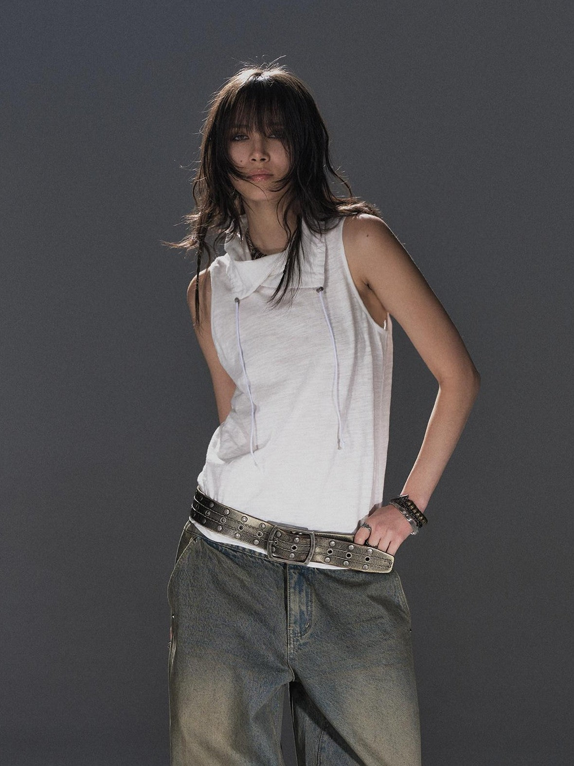 wear And tear Textured Adjustable Drawstring Neck Back Button H Shape Women&