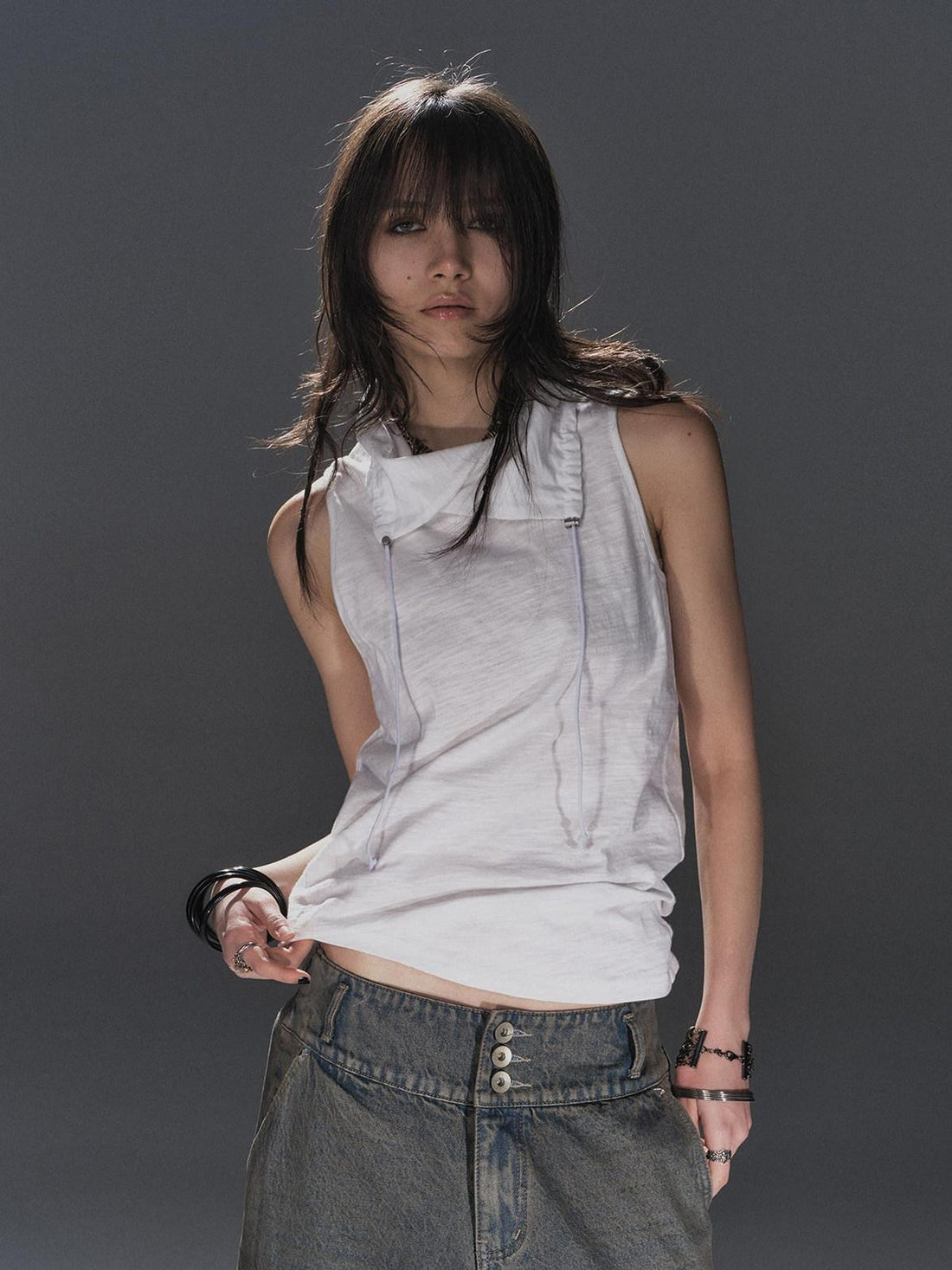 wear And tear Textured Adjustable Drawstring Neck Back Button H Shape Women&