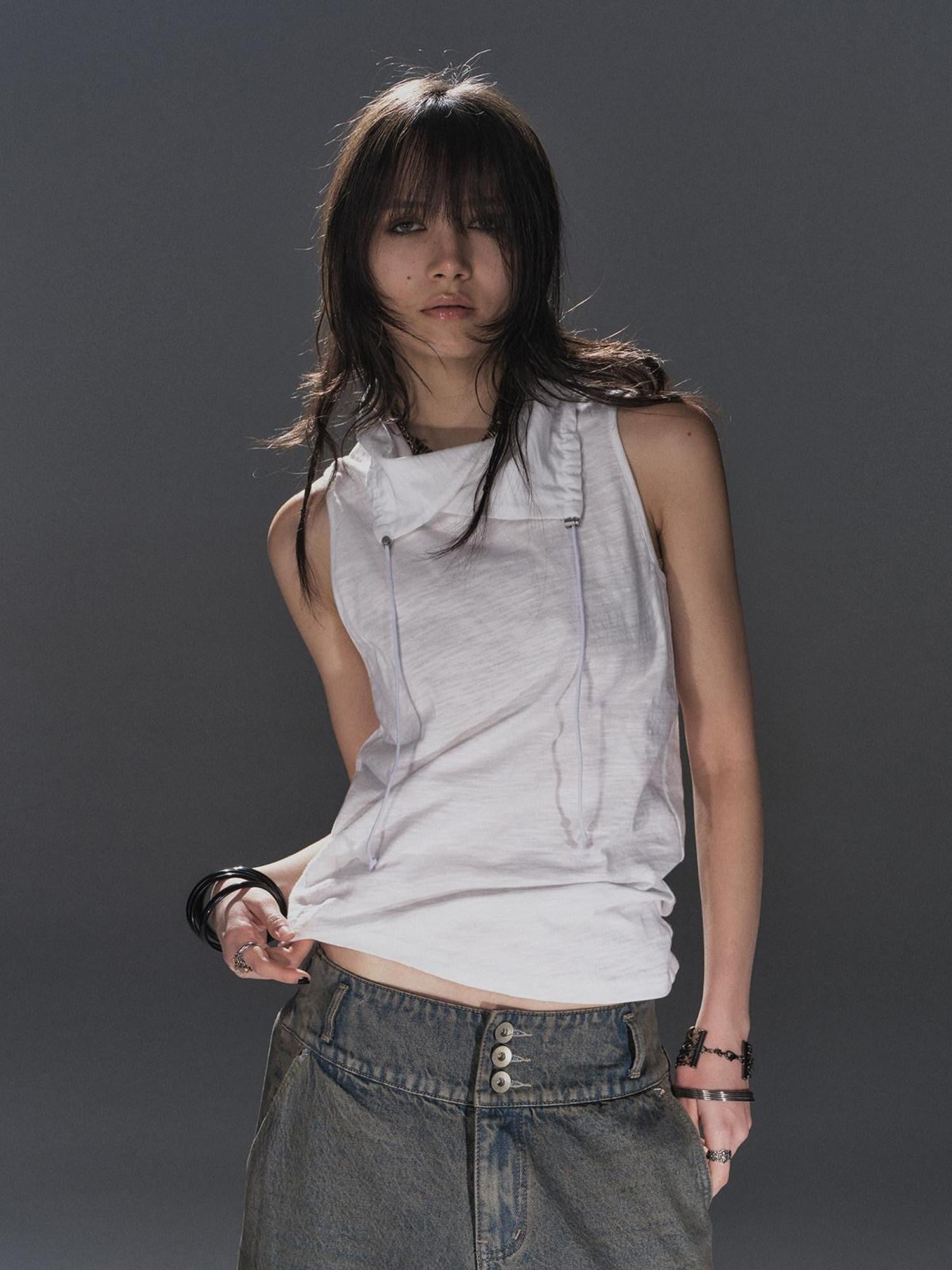 wear And tear Textured Adjustable Drawstring Neck Back Button H Shape Women&