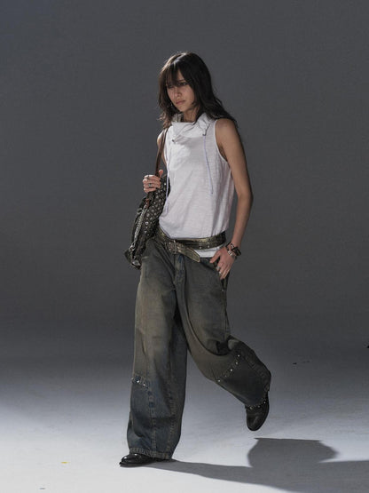 wear And tear Textured Adjustable Drawstring Neck Back Button H Shape Women&