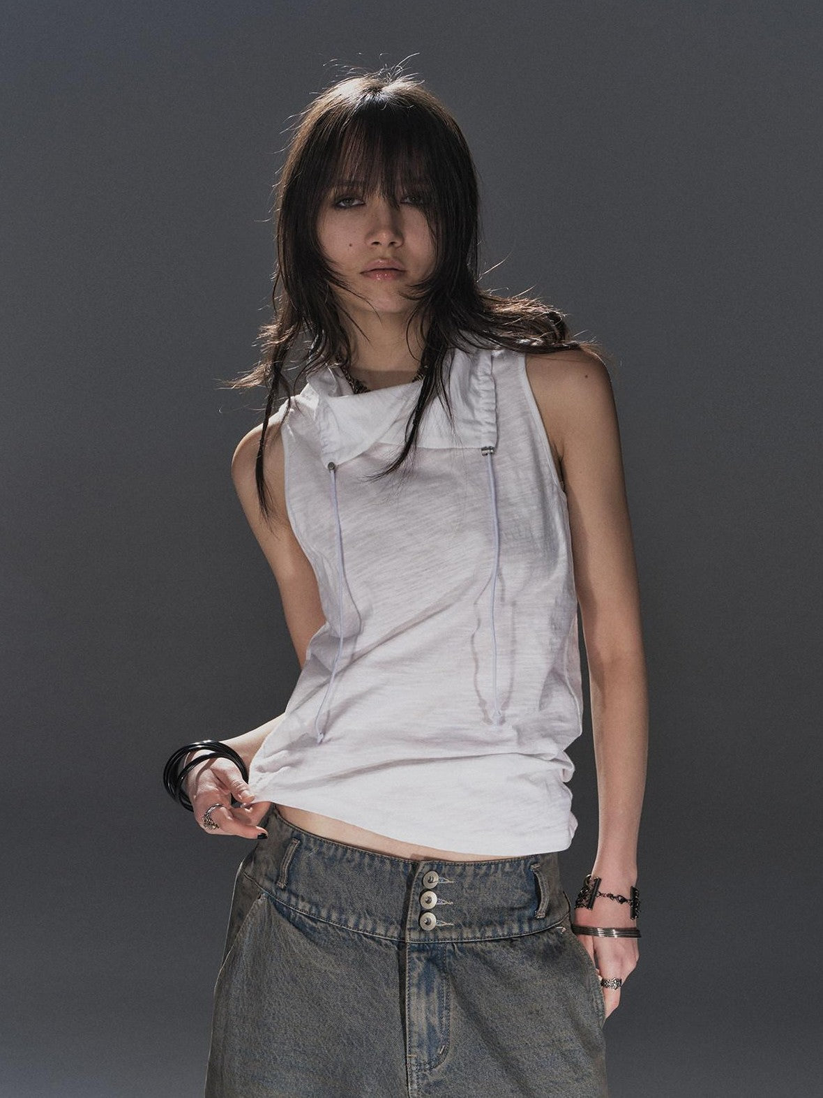 wear And tear Textured Adjustable Drawstring Neck Back Button H Shape Women&
