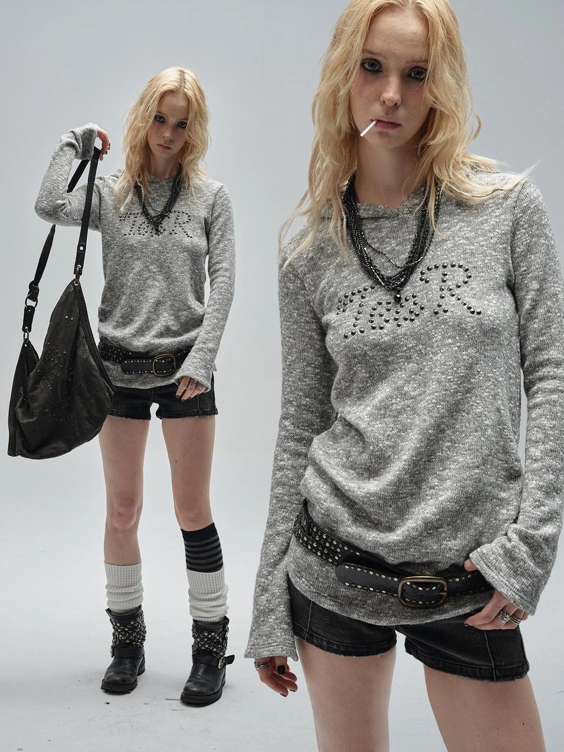 wear And tear Textured Metal Embellished Hooded Knit Sweater