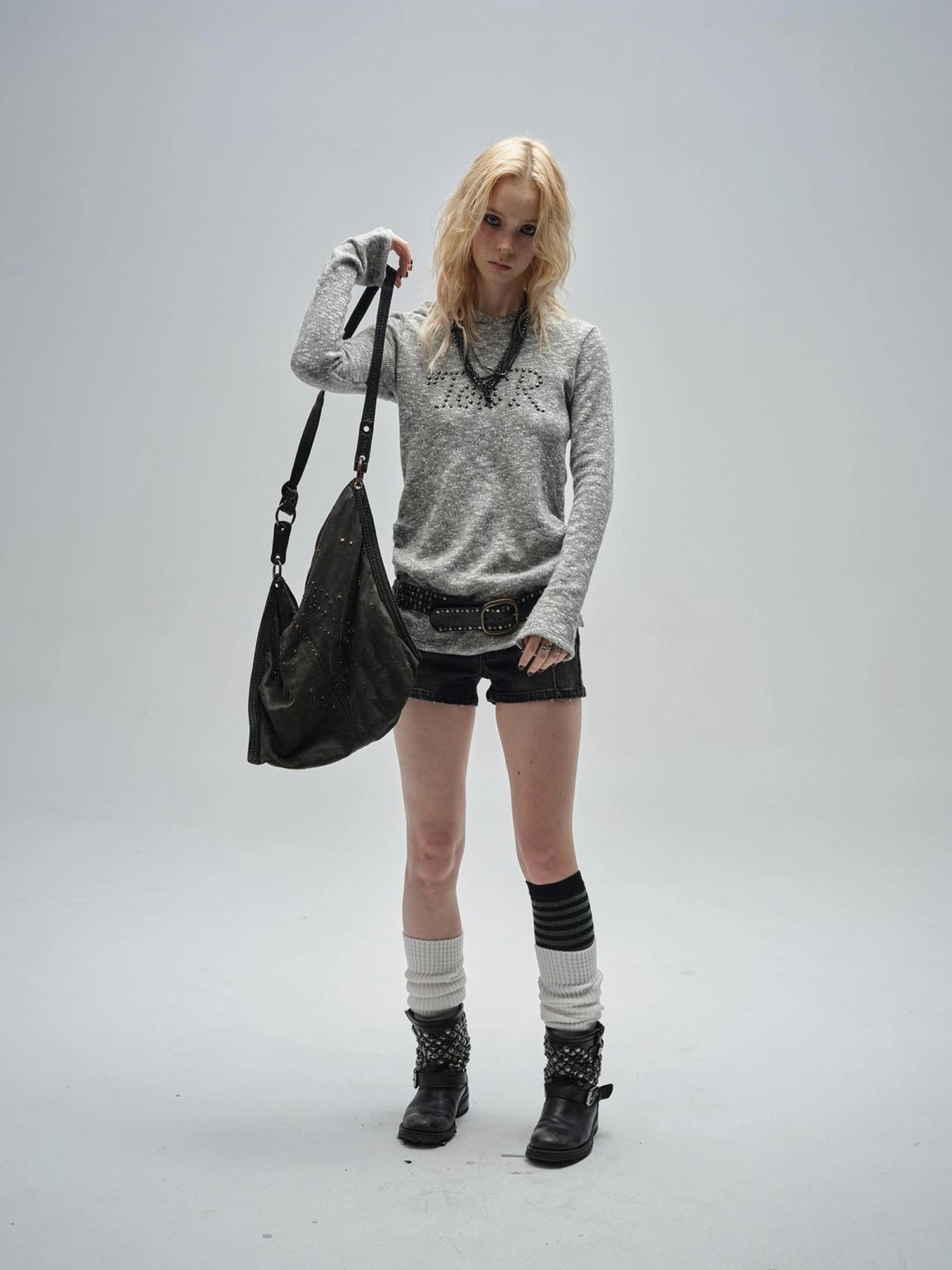 wear And tear Textured Metal Embellished Hooded Knit Sweater