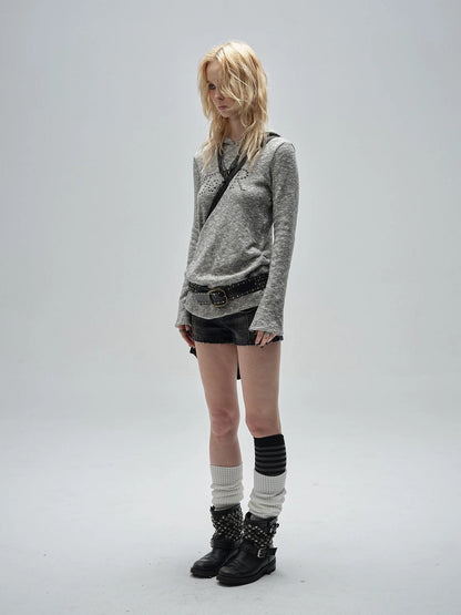 wear And tear Textured Metal Embellished Hooded Knit Sweater