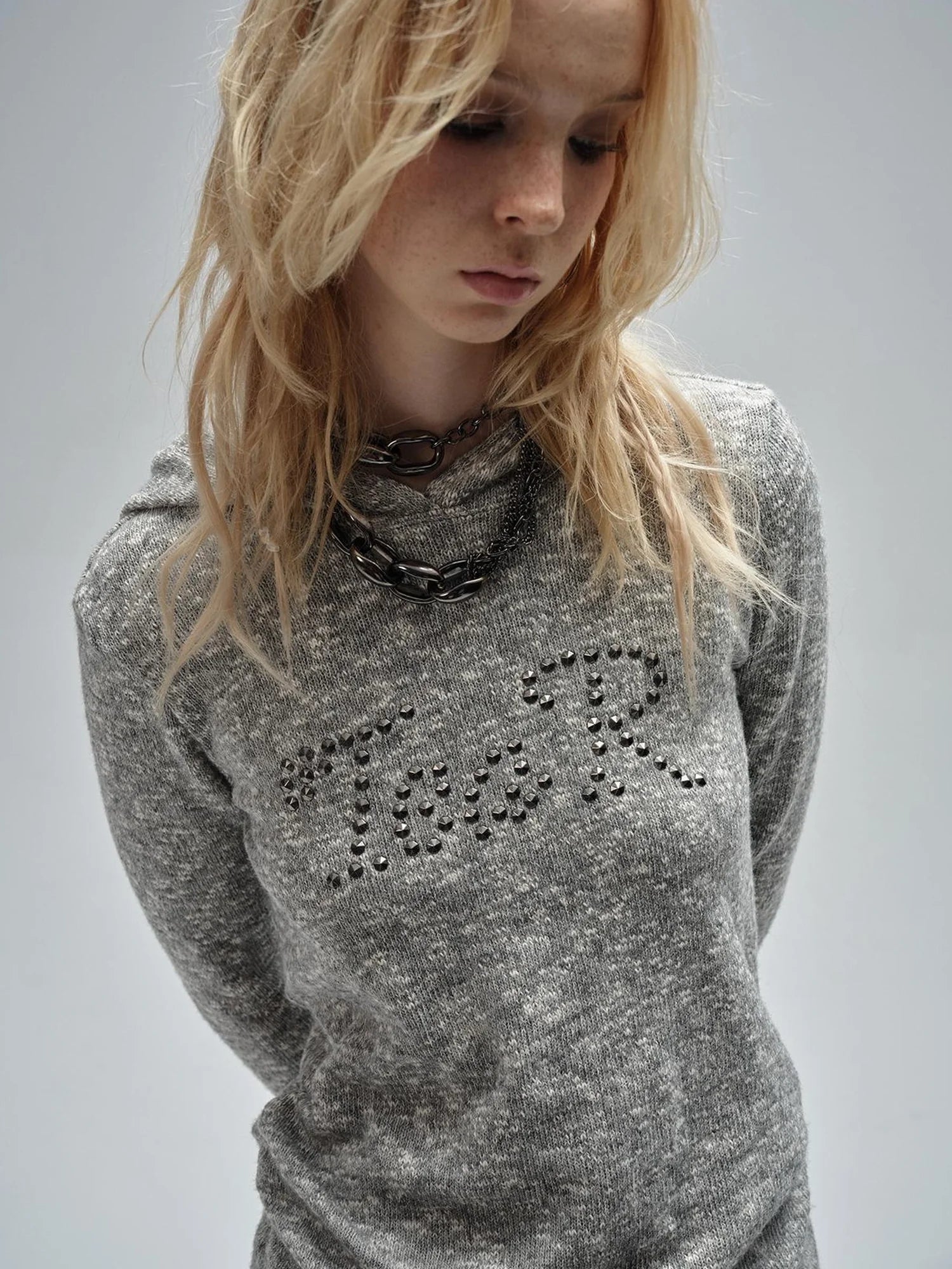 wear And tear Textured Metal Embellished Hooded Knit Sweater