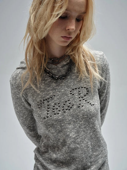 wear And tear Textured Metal Embellished Hooded Knit Sweater