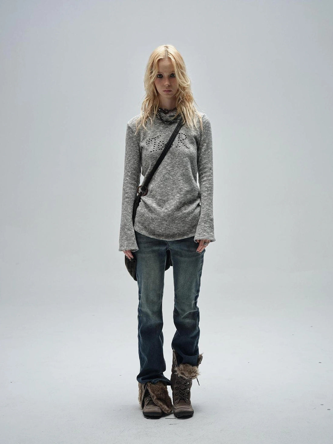 wear And tear Textured Metal Embellished Hooded Knit Sweater