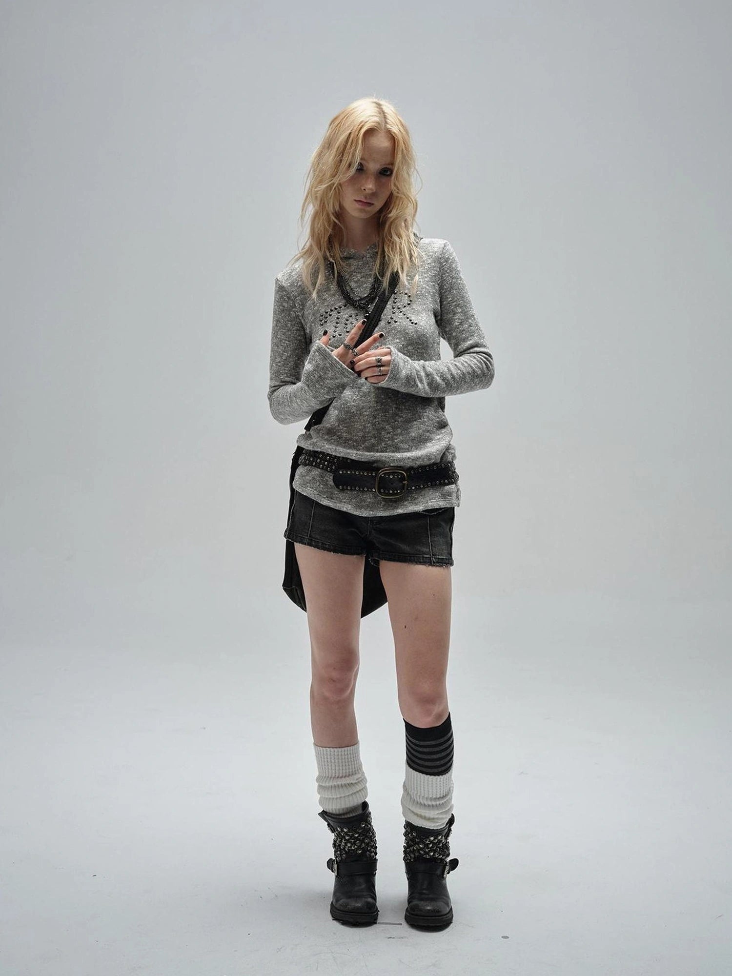 wear And tear Textured Metal Embellished Hooded Knit Sweater