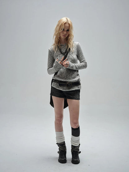 wear And tear Textured Metal Embellished Hooded Knit Sweater