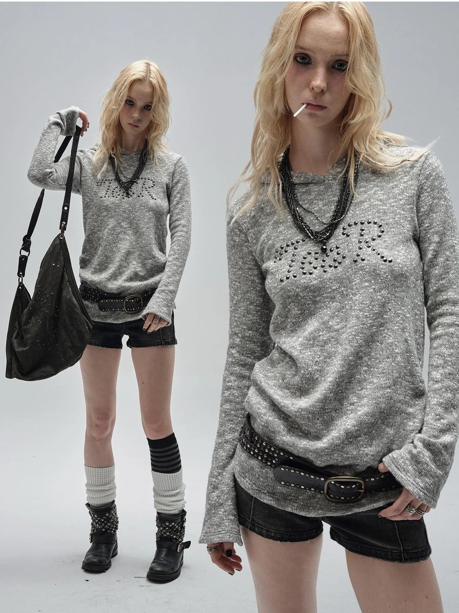 wear And tear Textured Metal Embellished Hooded Knit Sweater