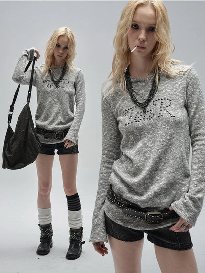wear And tear Textured Metal Embellished Hooded Knit Sweater