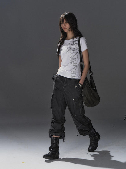 wear And tear Tricolor Silver Punk Garbled Letter Print Women&