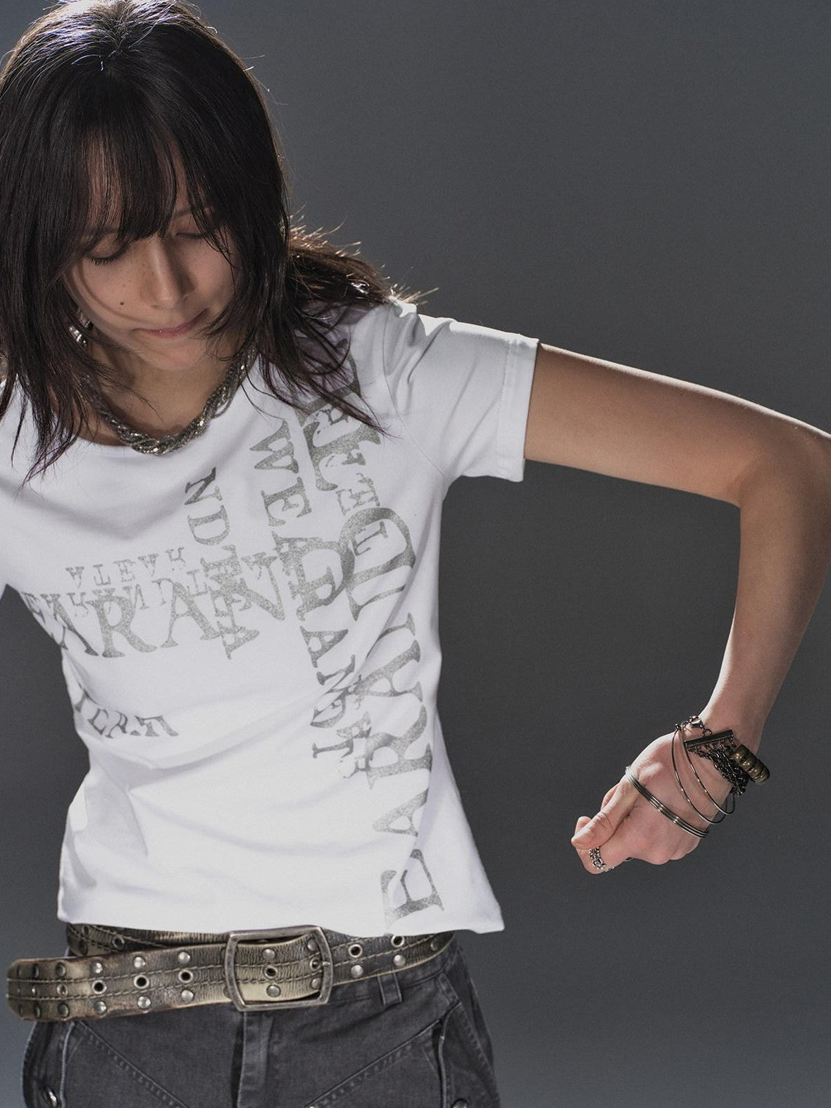 wear And tear Tricolor Silver Punk Garbled Letter Print Women&