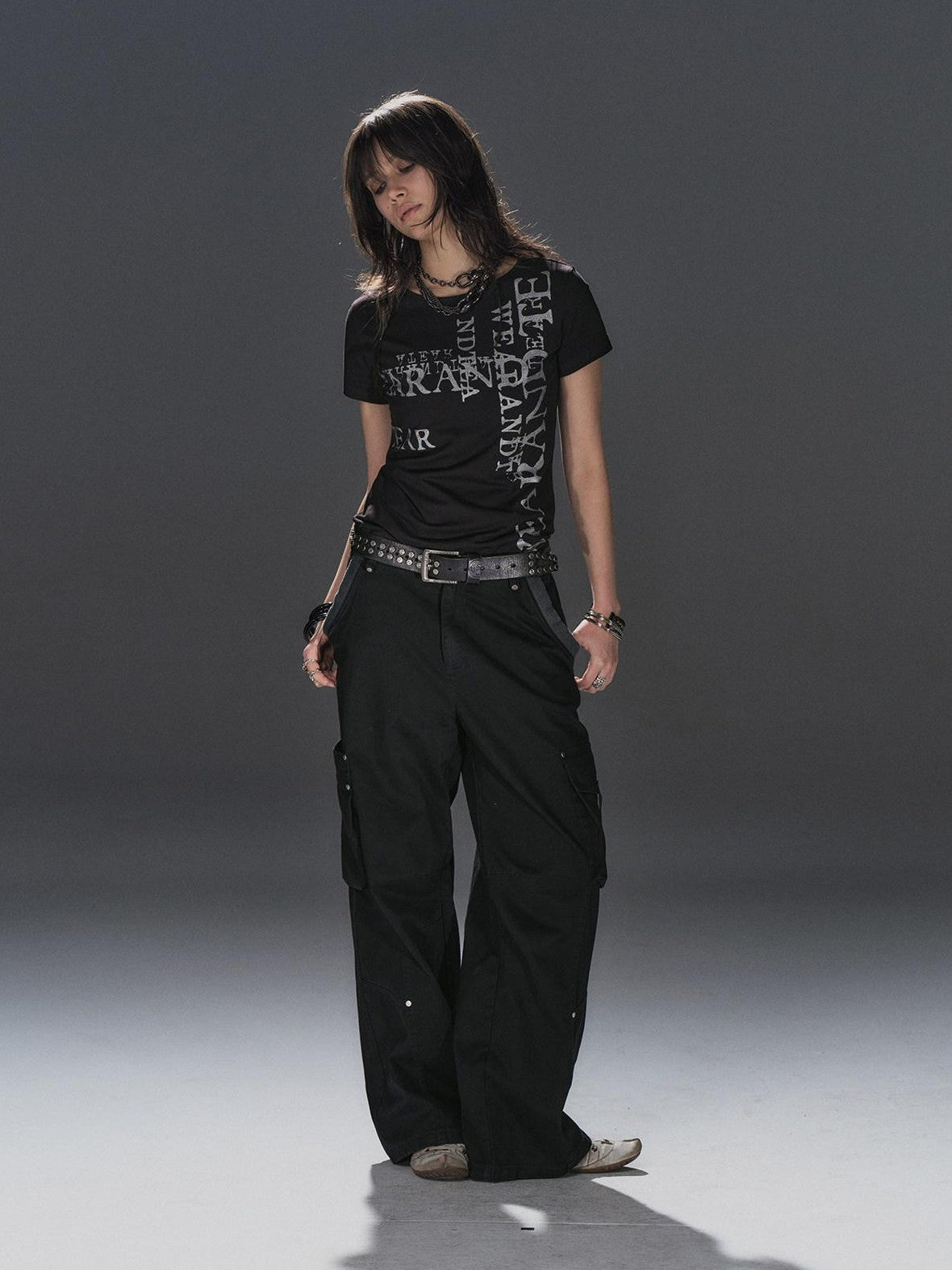 wear And tear Tricolor Silver Punk Garbled Letter Print Women&