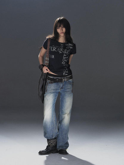 wear And tear Tricolor Silver Punk Garbled Letter Print Women&
