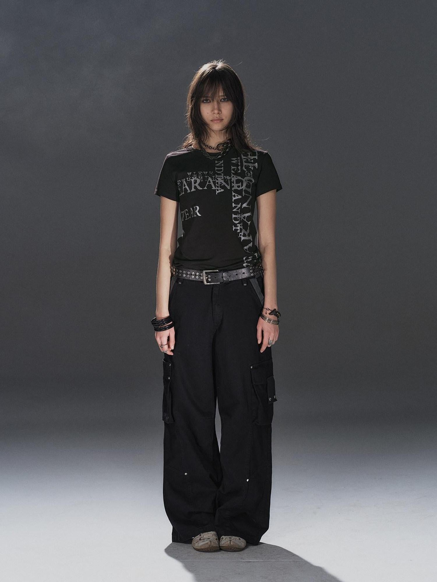 wear And tear Tricolor Silver Punk Garbled Letter Print Women&