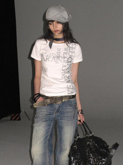 wear And tear Tricolor Silver Punk Garbled Letter Print Women&