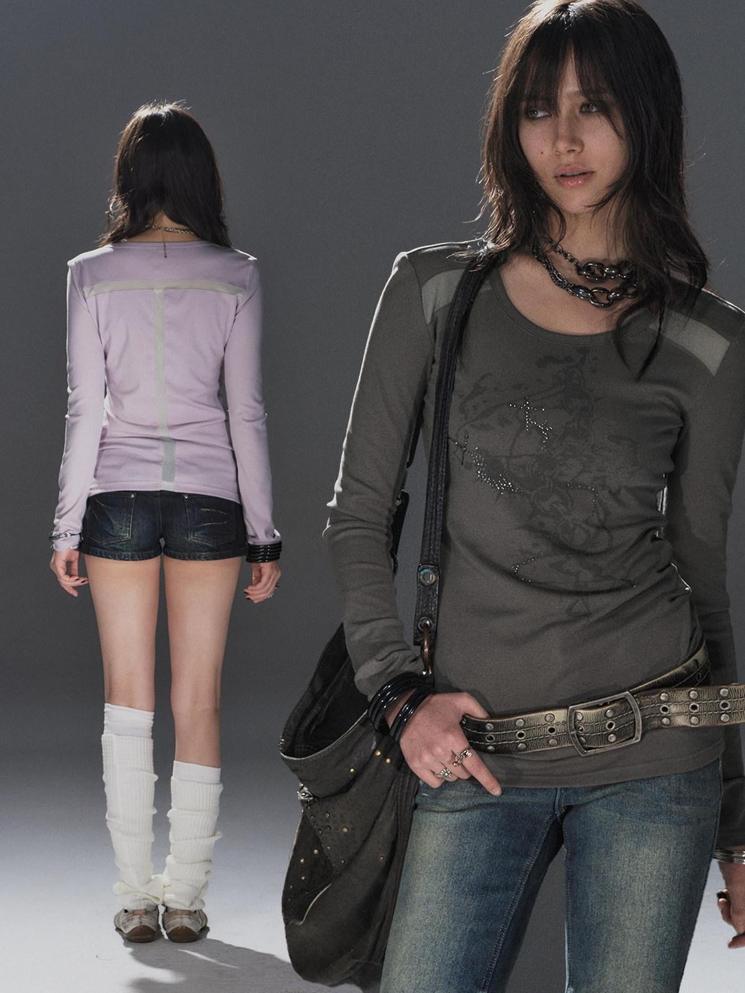 wear And tear Two Tone Mesh Rhinestone Pleated Women&