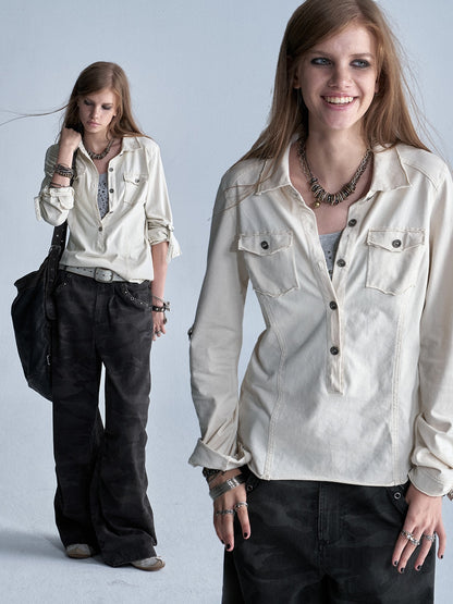 wear_And_tear_Two_Tone_Raw_Hem_Half_Placket_Washed_Adjustable_Cuff_Metal_Button_Women&