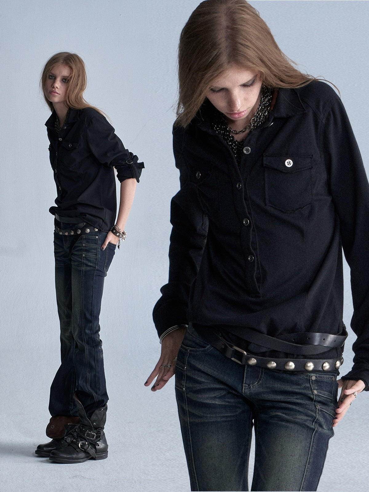 wear_And_tear_Two_Tone_Raw_Hem_Half_Placket_Washed_Adjustable_Cuff_Metal_Button_Women&