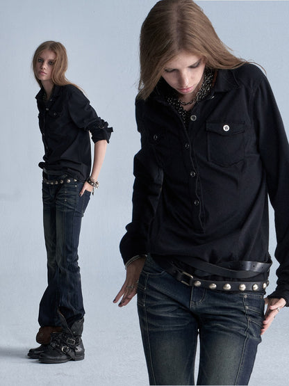 wear_And_tear_Two_Tone_Raw_Hem_Half_Placket_Washed_Adjustable_Cuff_Metal_Button_Women&