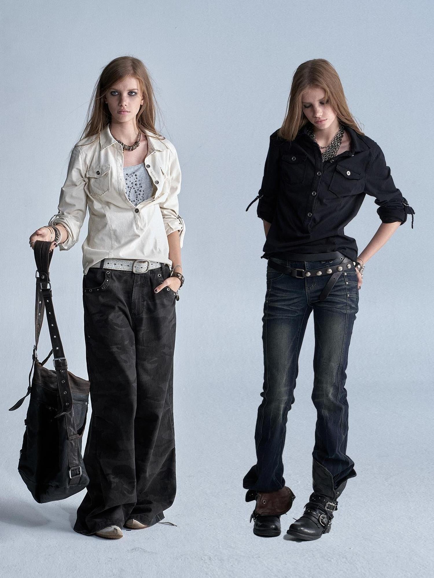 wear And tear Two Tone Raw Hem Half Placket Washed Adjustable Cuff Metal Button Women&