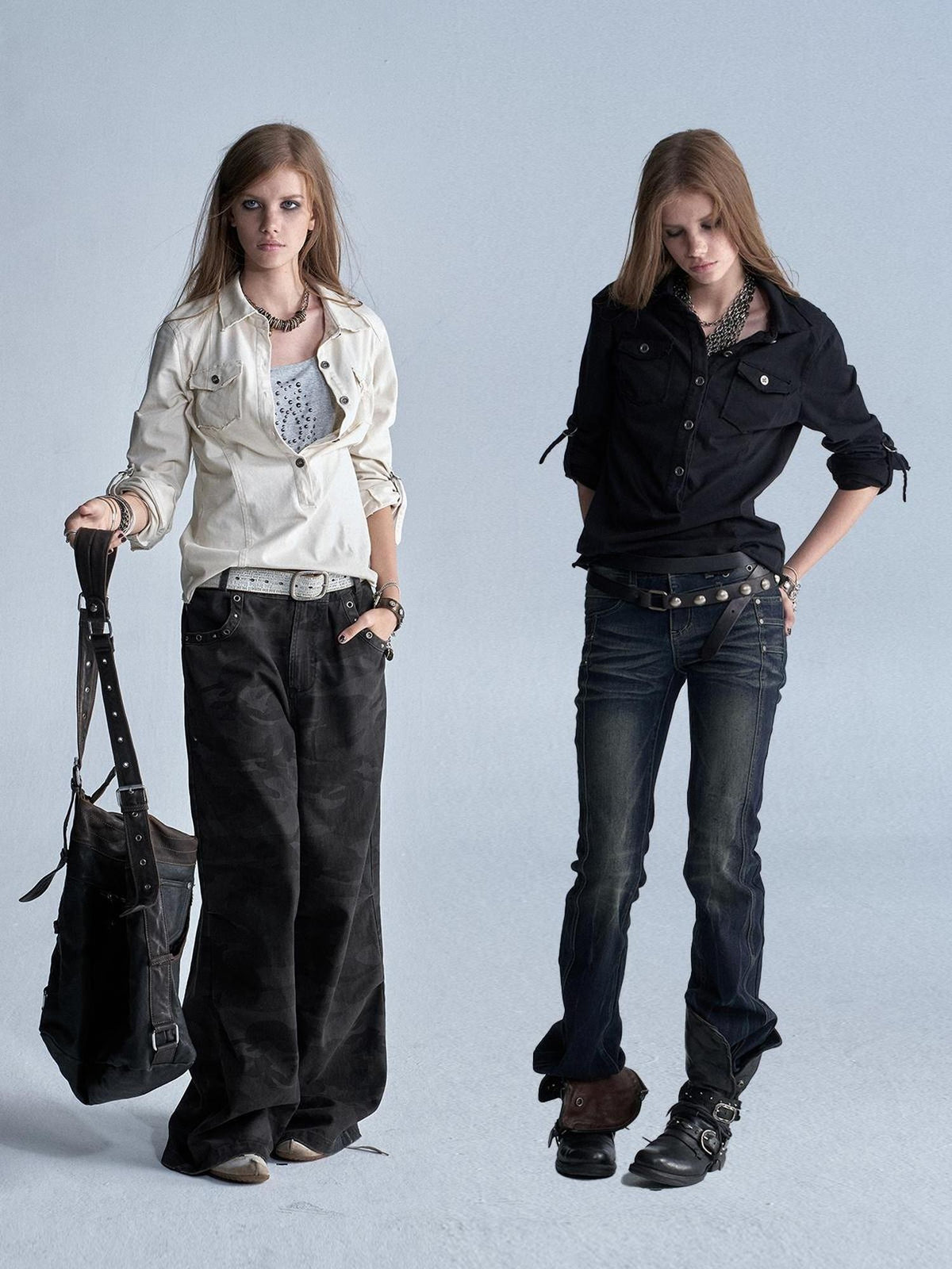 wear And tear Two Tone Raw Hem Half Placket Washed Adjustable Cuff Metal Button Women&