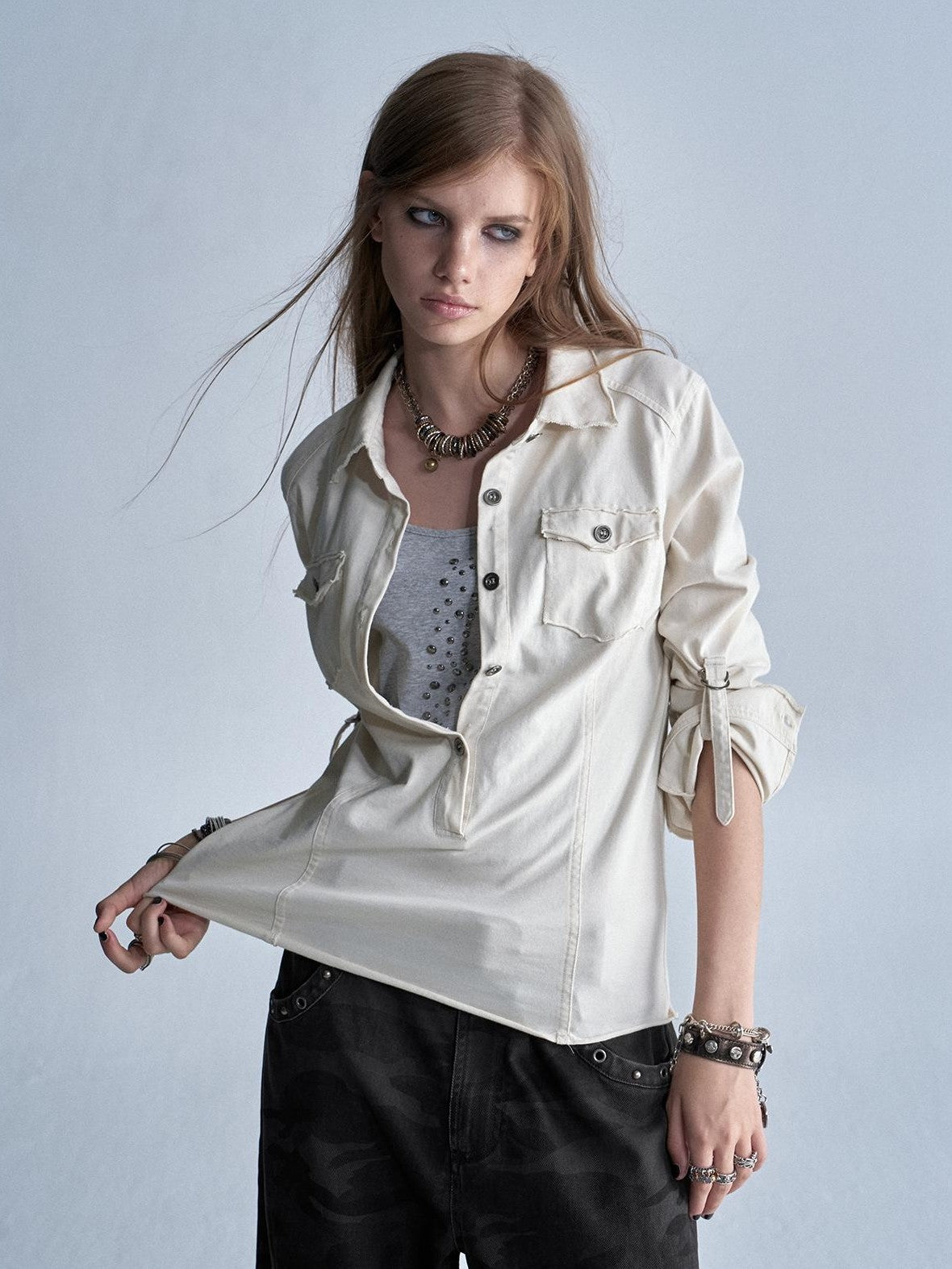 wear And tear Two Tone Raw Hem Half Placket Washed Adjustable Cuff Metal Button Women&