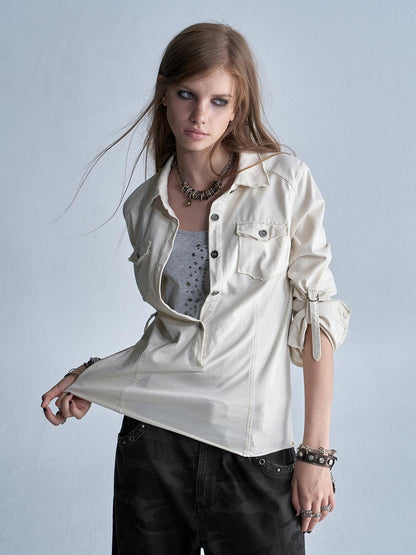 wear And tear Two Tone Raw Hem Half Placket Washed Adjustable Cuff Metal Button Women&