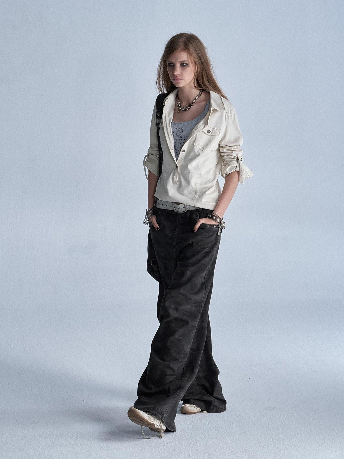 wear And tear Two Tone Raw Hem Half Placket Washed Adjustable Cuff Metal Button Women&