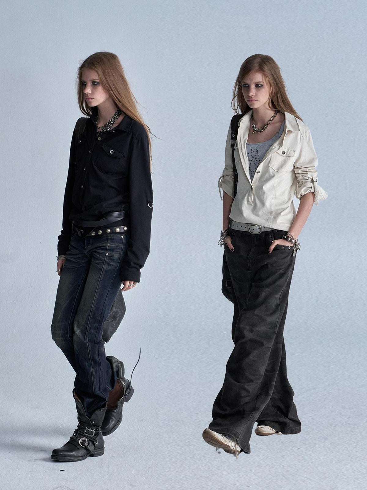 wear And tear Two Tone Raw Hem Half Placket Washed Adjustable Cuff Metal Button Women&