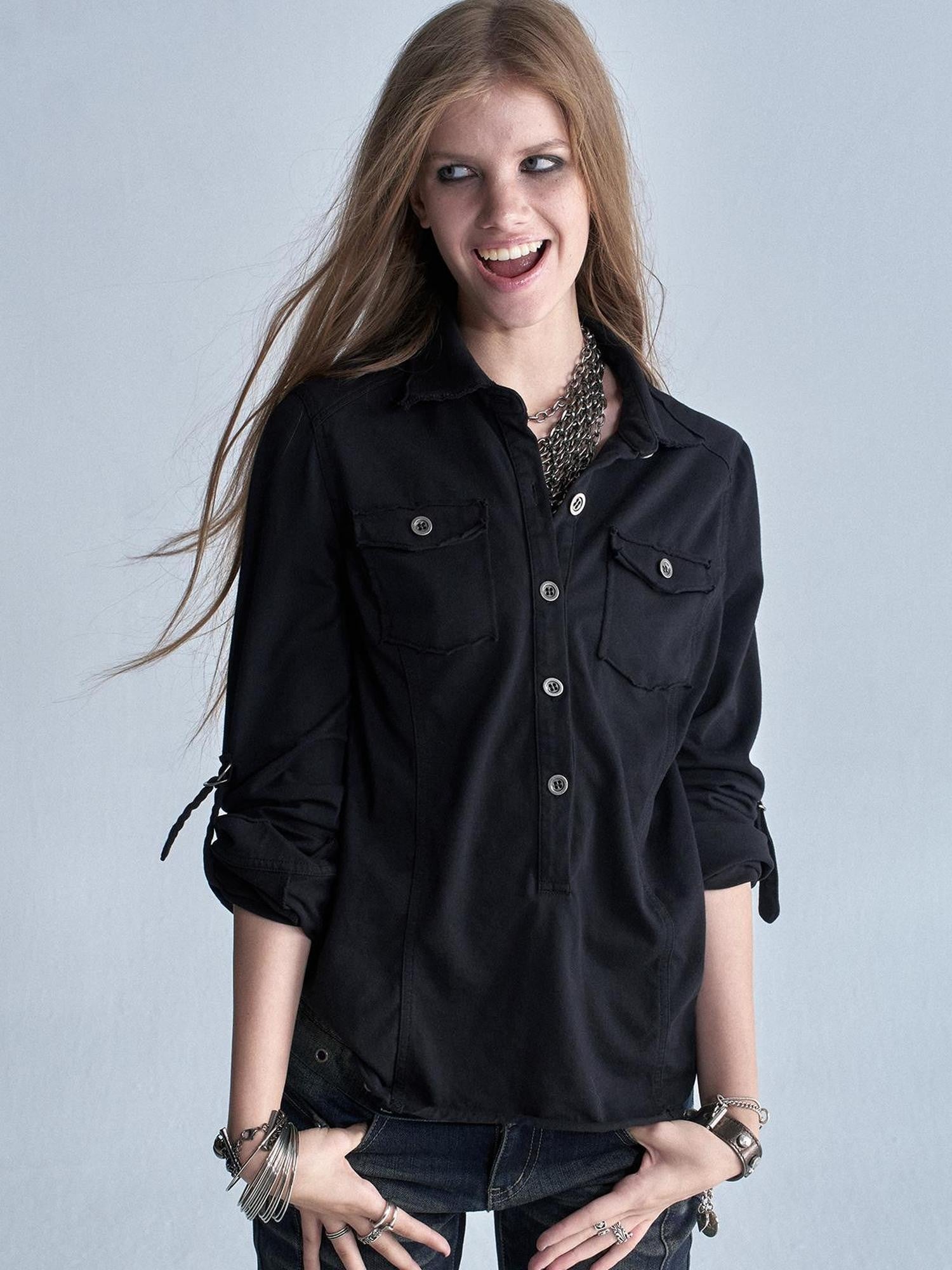 wear And tear Two Tone Raw Hem Half Placket Washed Adjustable Cuff Metal Button Women&