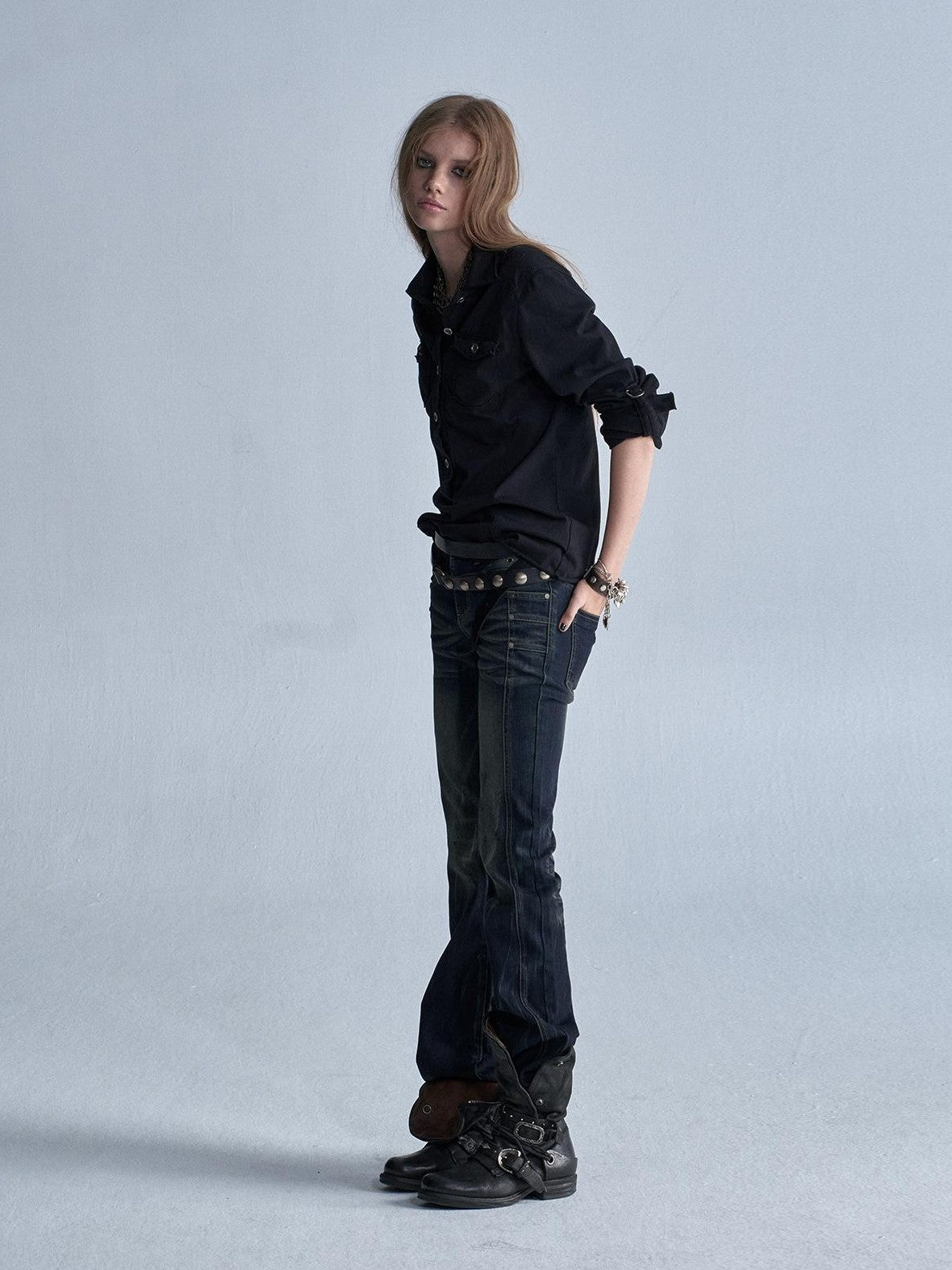 wear And tear Two Tone Raw Hem Half Placket Washed Adjustable Cuff Metal Button Women&