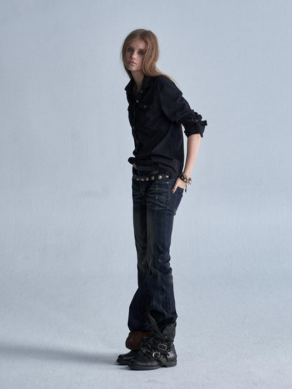 wear And tear Two Tone Raw Hem Half Placket Washed Adjustable Cuff Metal Button Women&
