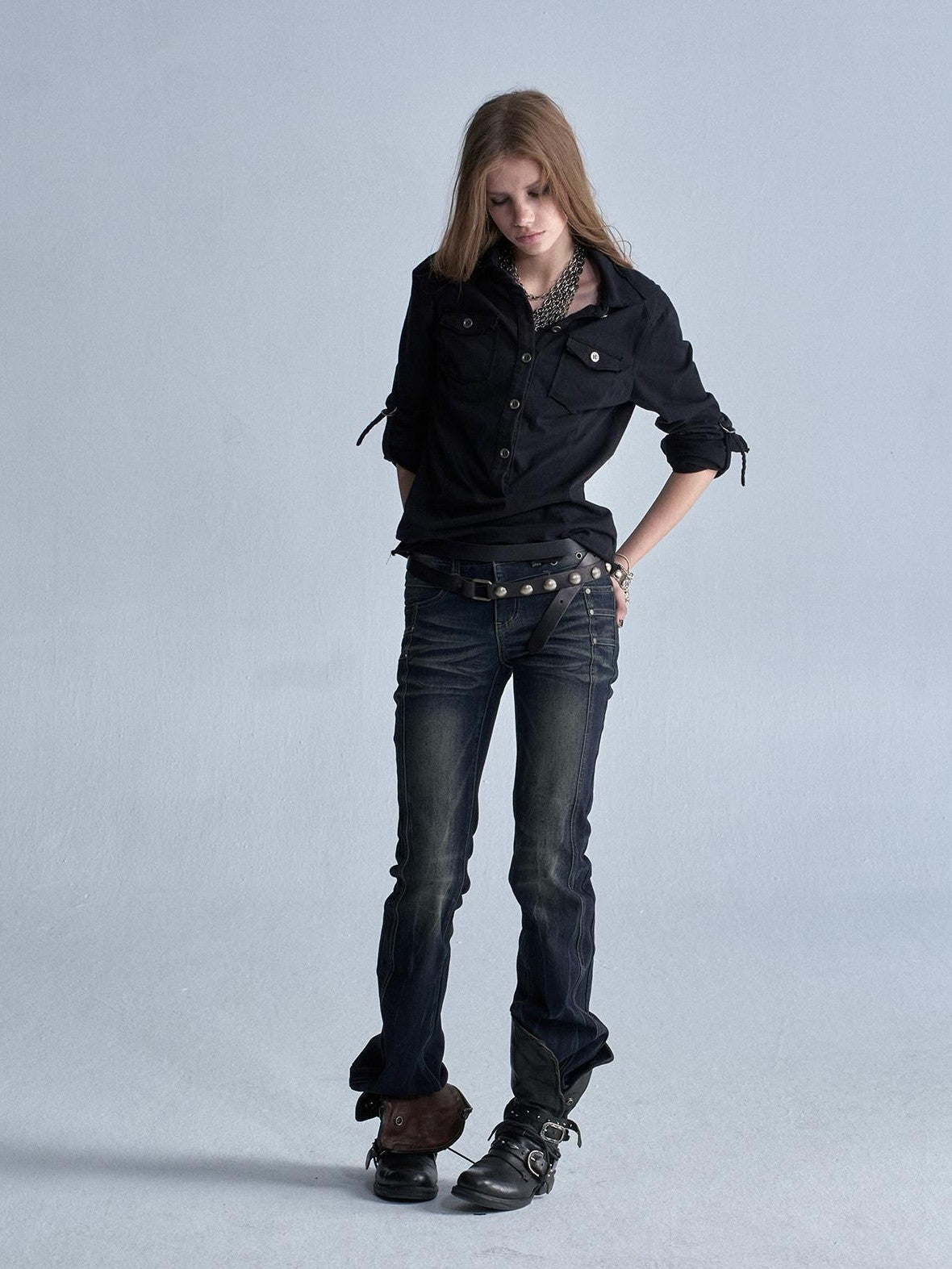 wear And tear Two Tone Raw Hem Half Placket Washed Adjustable Cuff Metal Button Women&