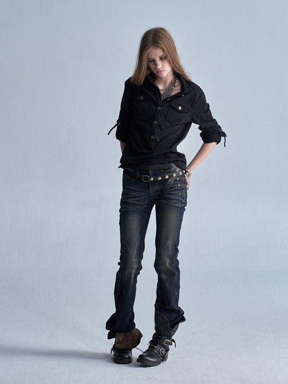 wear And tear Two Tone Raw Hem Half Placket Washed Adjustable Cuff Metal Button Women&