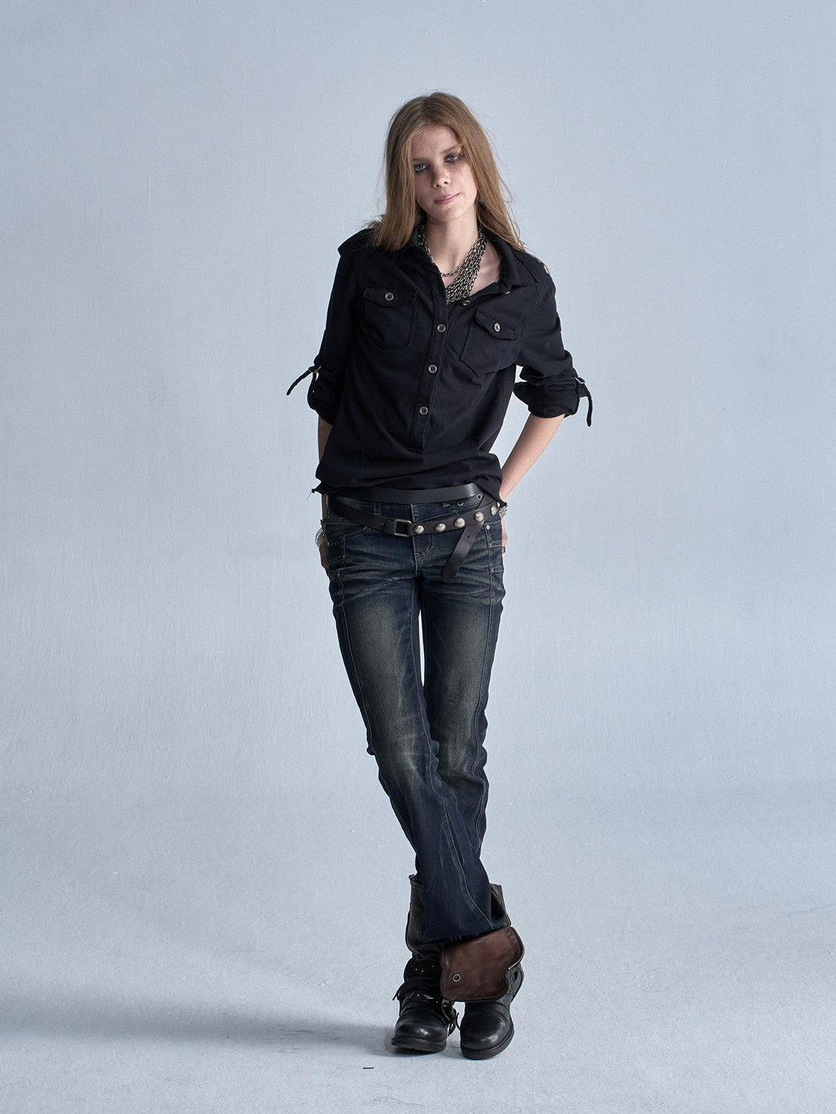 wear And tear Two Tone Raw Hem Half Placket Washed Adjustable Cuff Metal Button Women&